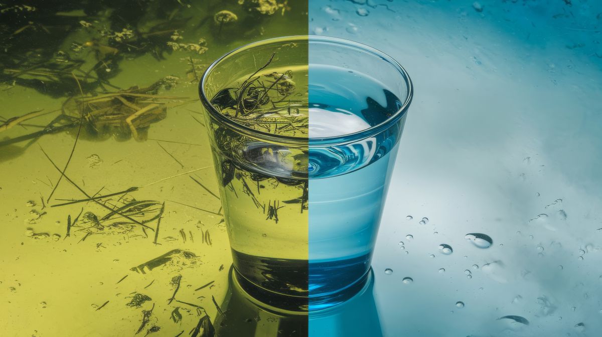 contaminated water on left side of glass, clean drinking water on right side